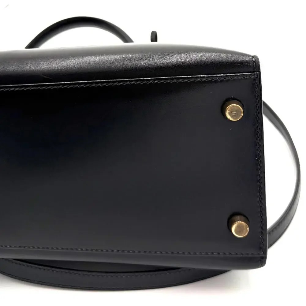 Kelly 32 Black Sellier Box Leather Bag with Gold Hardware